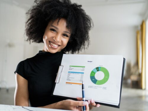 finance report woman economist manager millennial work in office
